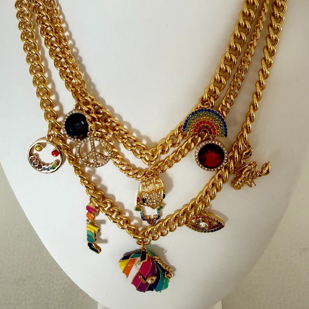 NWT KURT GEIGER MULTI STRAND NECKLACE WITH CHARMS GOLD MULTICOLOR W DUST BAG